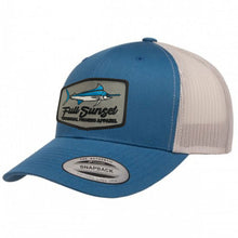 Load image into Gallery viewer, MAR-A-LOGO RETRO TRUCKER HAT STEEL BLUE/ SILVER - Full Sunset