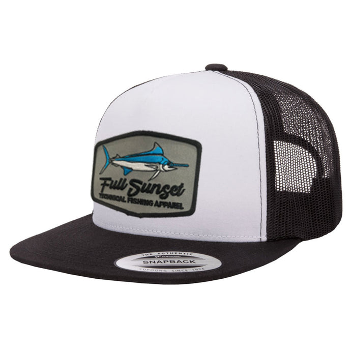 MAR-A-LOGO FLAT BRIM TRUCKER HAT BLACK/WHITE - Full Sunset